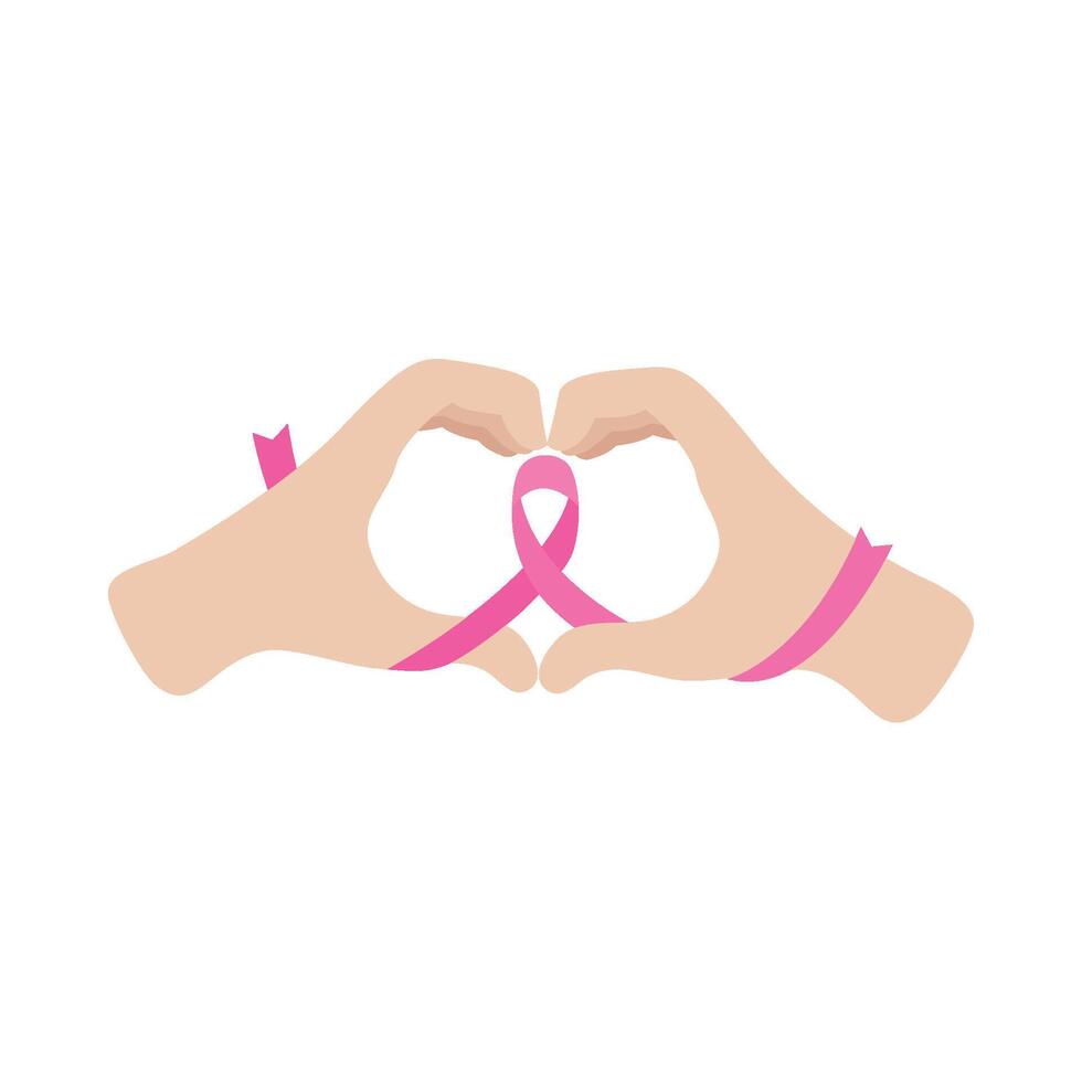 Hands making a heart shape with pink ribbon vector