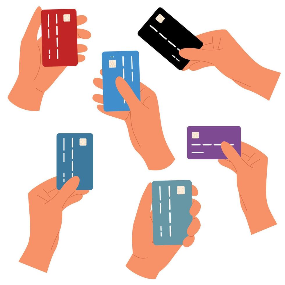 Set of hands holding colorful plastic credit card. Different gestures. Wireless payment concept vector