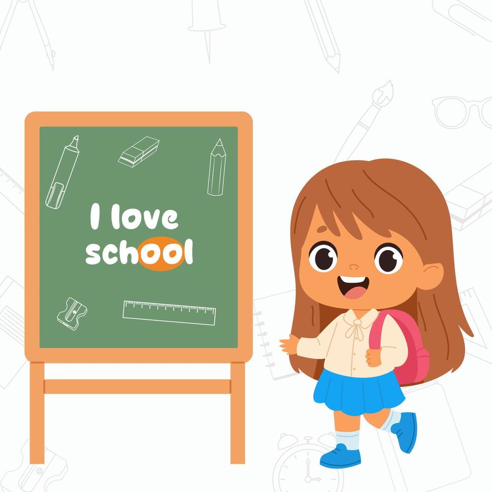 Pupil girl at elementary school standing near chalkboard with text I love school on it vector