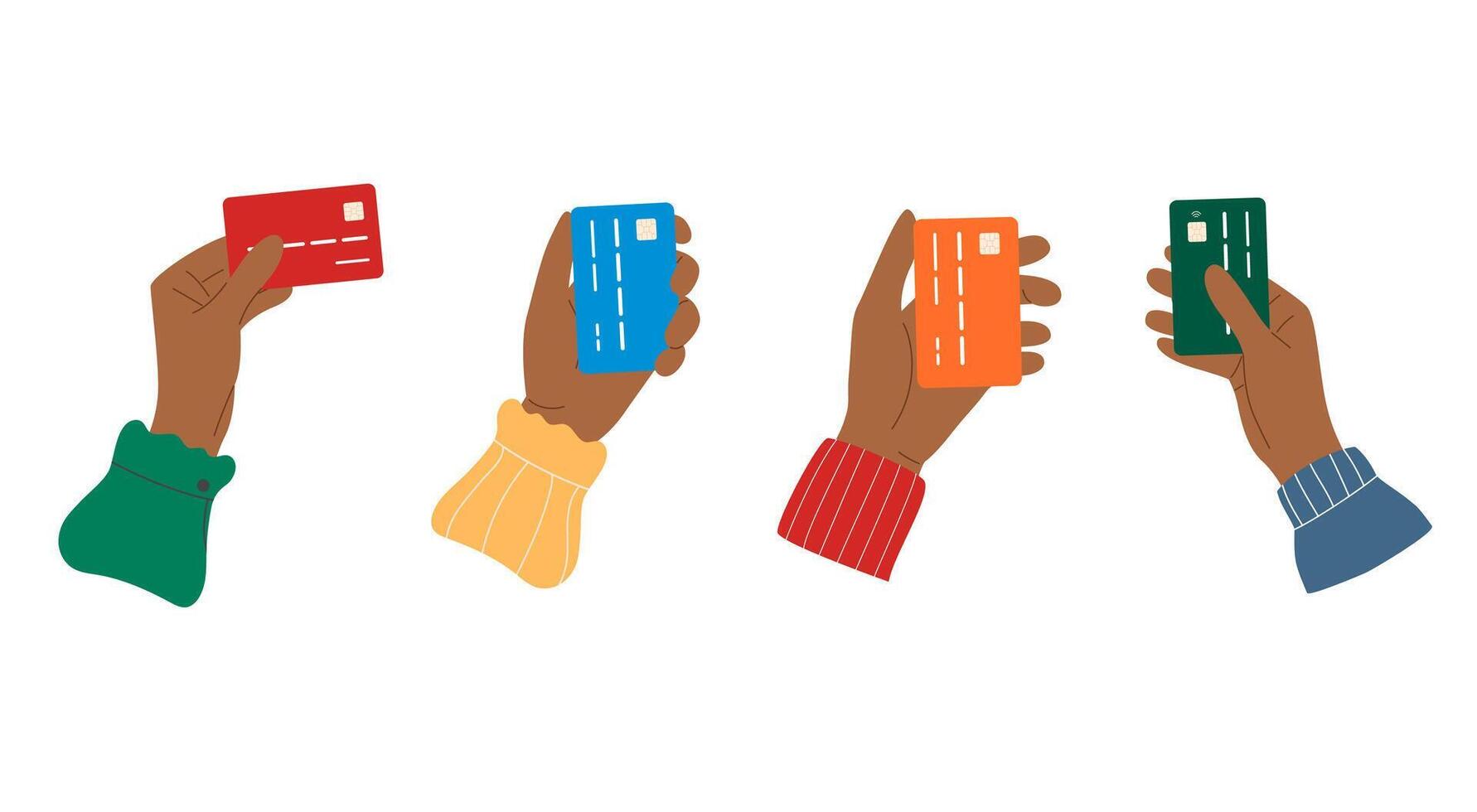 Set of african american hands holding plastic credit card. Different gestures. Wireless payment concept vector