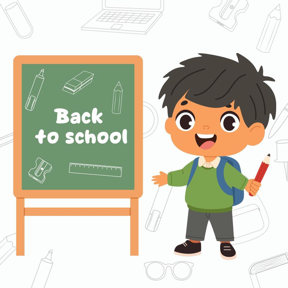 Happy cute kid boy standing near chalkboard. Preschool pupil vector