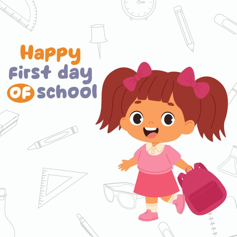 Happy first day of school. Happy little school girl smiling and jumping with her backpack vector