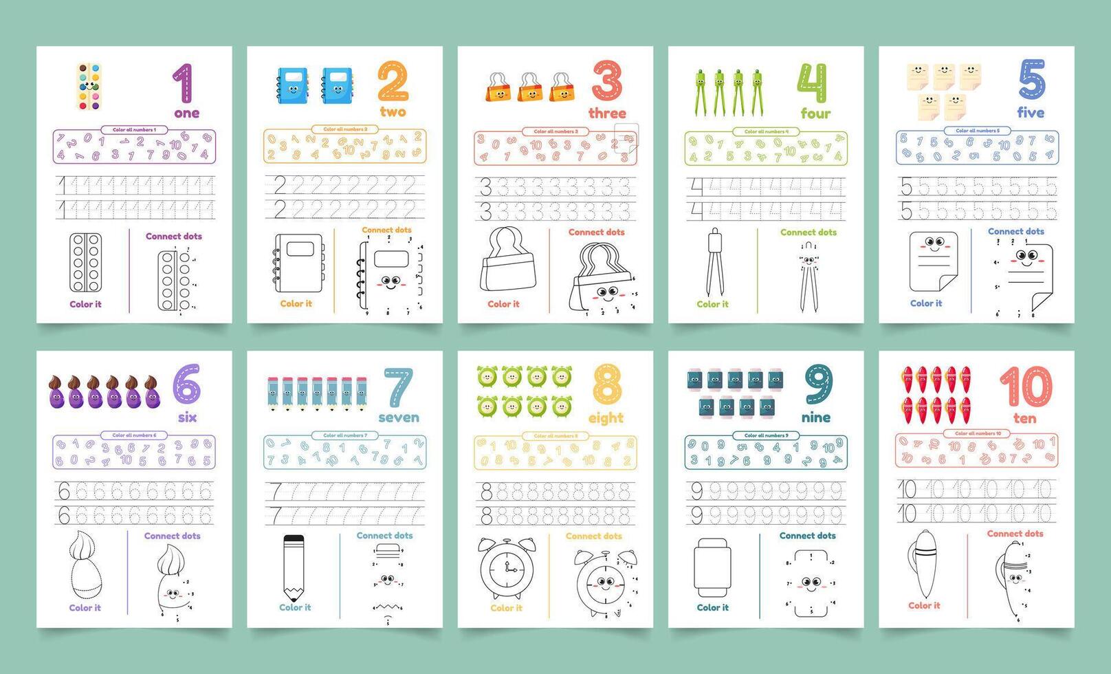 Activity worksheets for kids with many exercises. Learning numbers from 1 to 10. Trace, color, dot to dot on one page vector