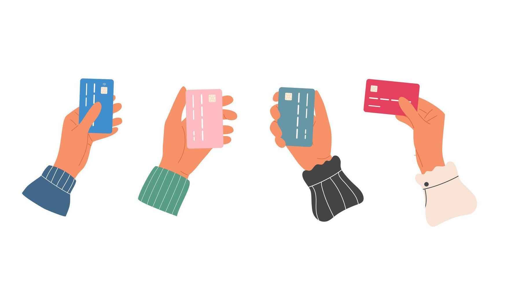 Set of hands holding plastic credit card. Different gestures. Wireless payment concept. Online pay vector