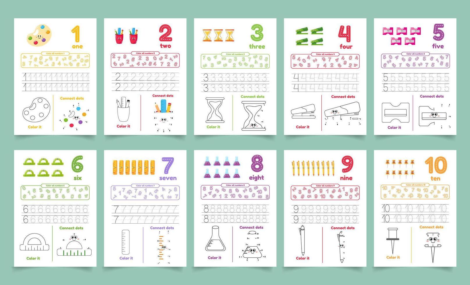 Activity worksheets for kids with many exercises. Learning numbers from 1 to 10. Trace, color, dot to dot on one page vector