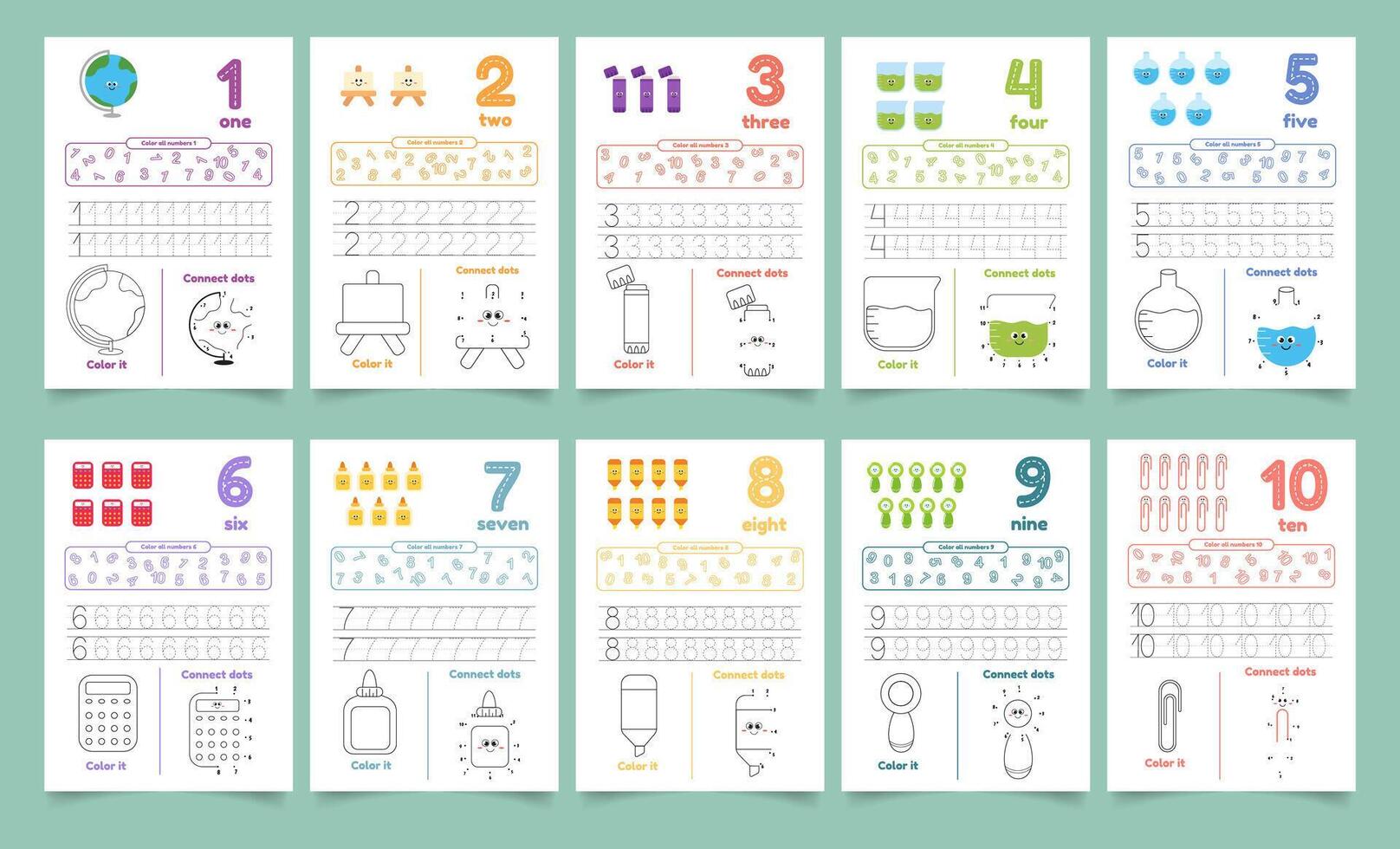 Activity worksheets for kids with many exercises. Learning numbers from 1 to 10. Trace, color, dot to dot on one page vector