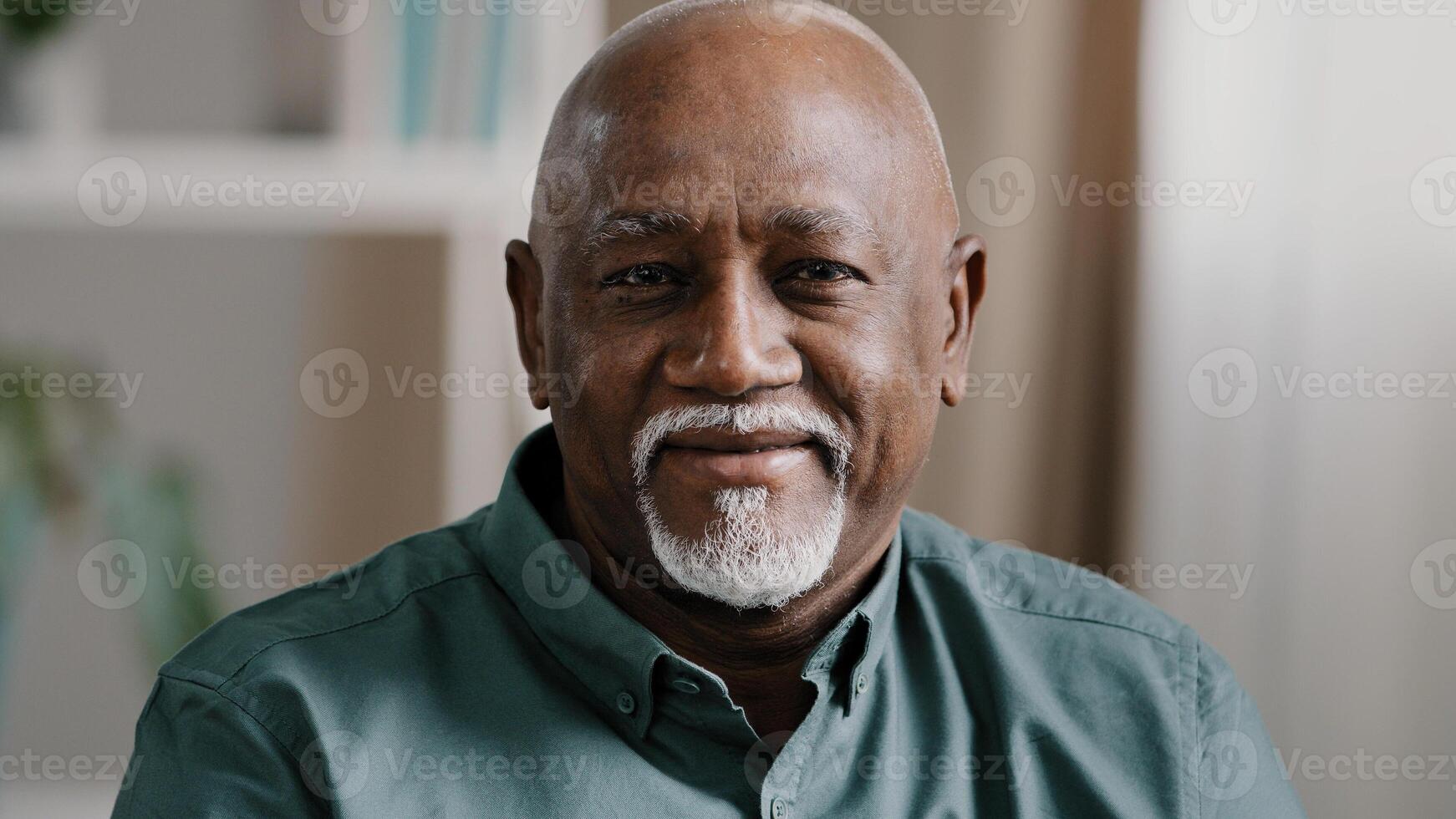 Close up portrait at home male headshot calm elderly senior adult African 60s man face indoors looking at camera. Old retired businessman CEO posing in office. Bald grandfather look close up smile photo