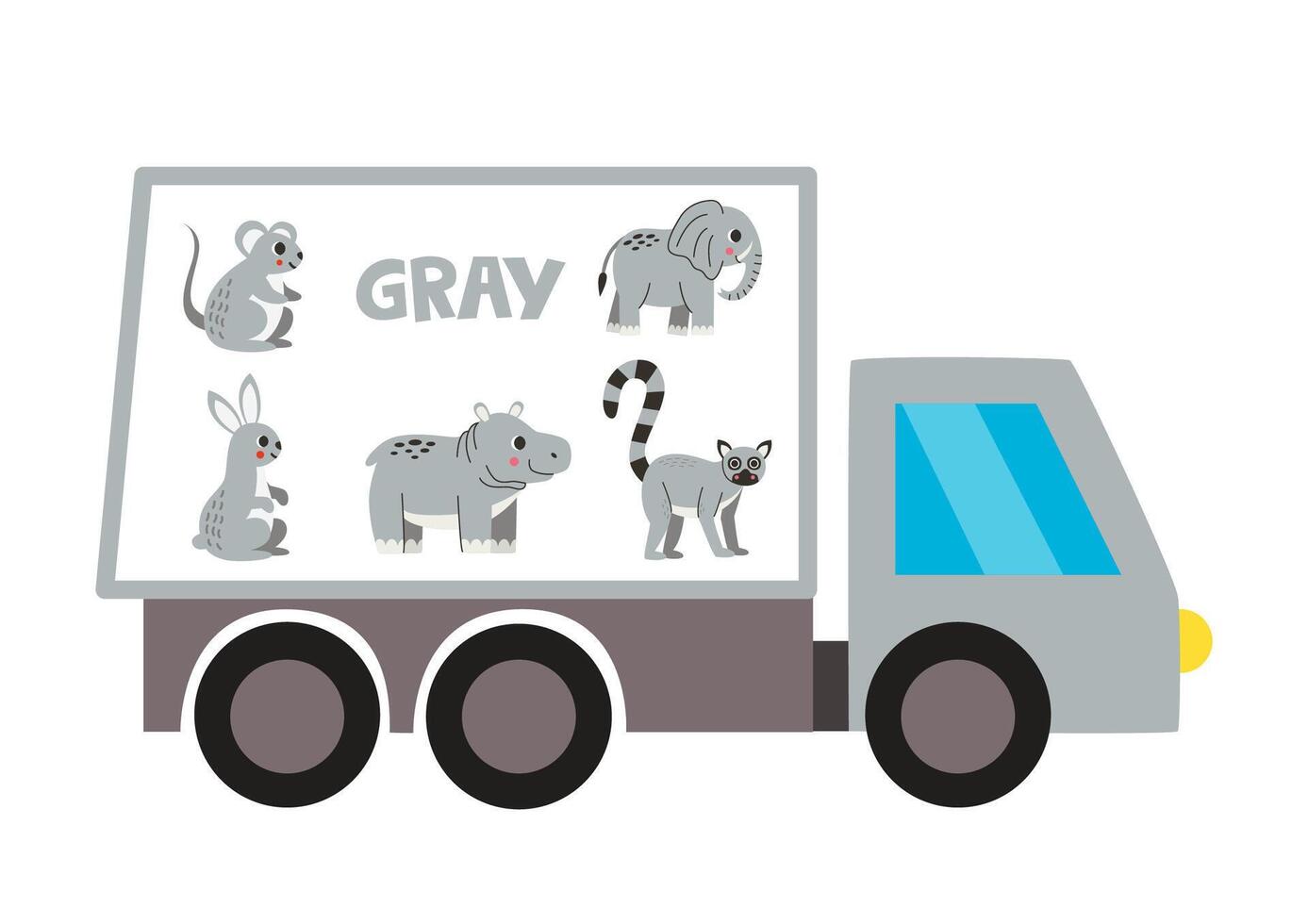 Learning colors for kids. Gray color flash card. Gray truck. vector
