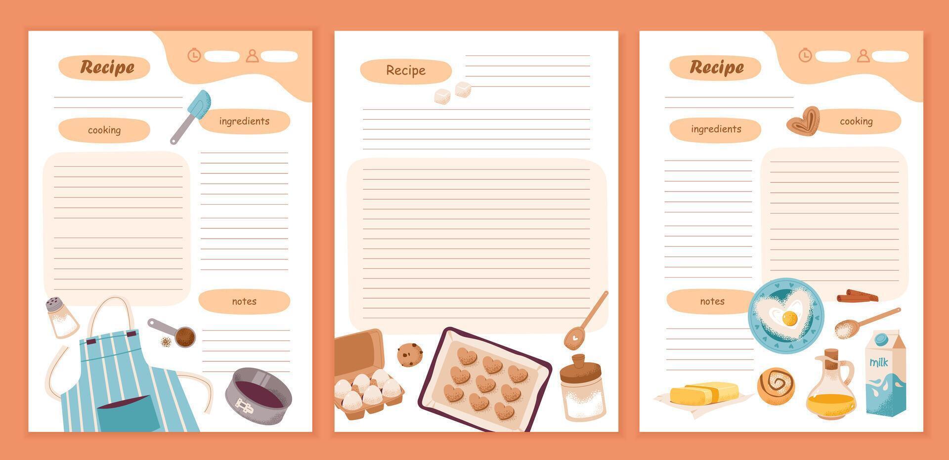 Template cookbook sheets for recipe, notes on cooking and ingredients. Recipe cards and meal planner. Flat illustration vector