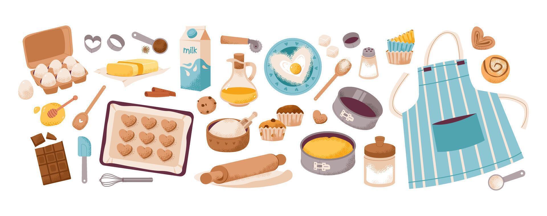 Bakery ingredients set. Homemade cooking, pastry preparation. vector