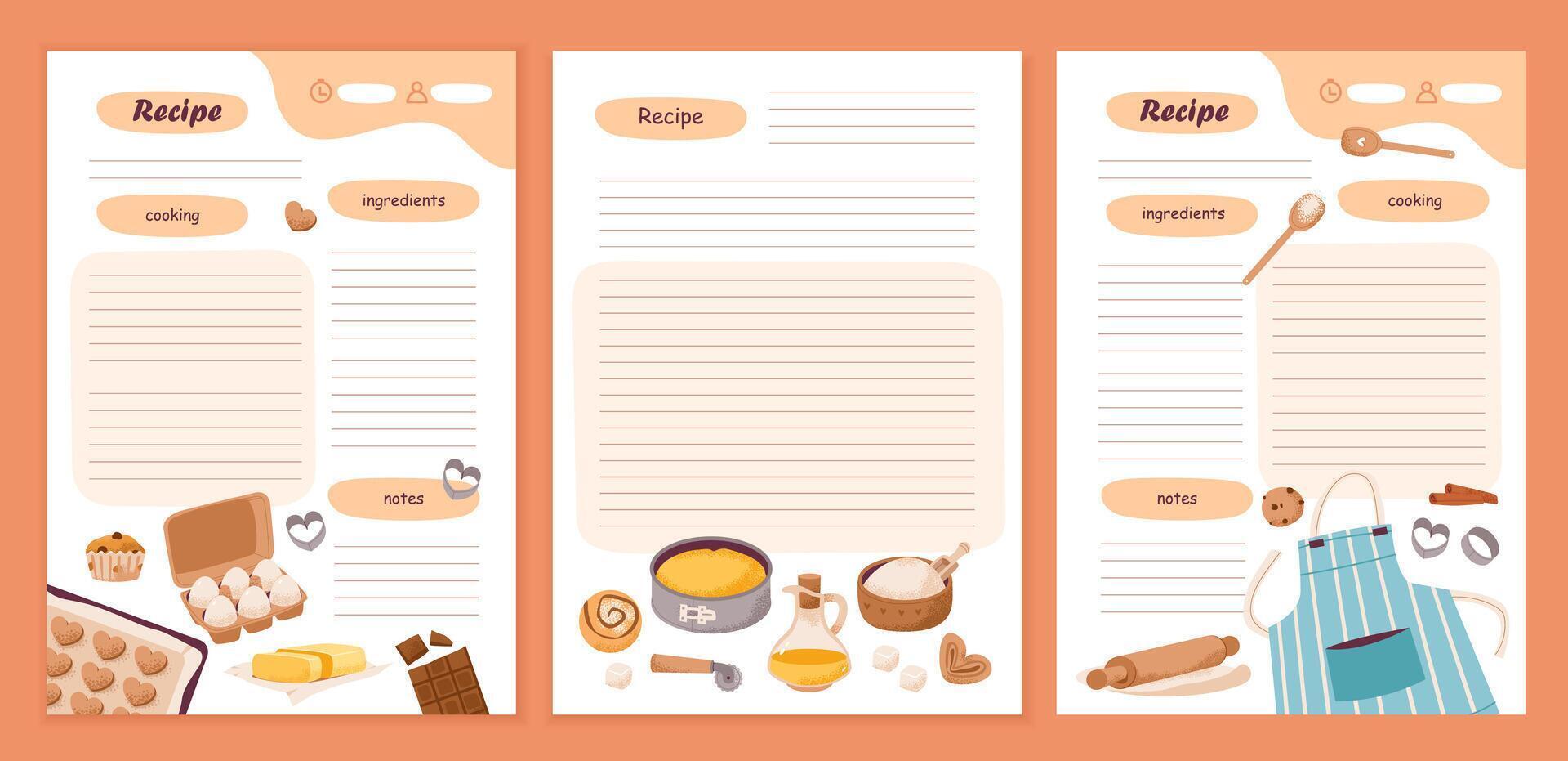 Recipe cards and meal planner. Template cookbook sheets for recipe, notes on cooking and ingredients. Flat illustration vector