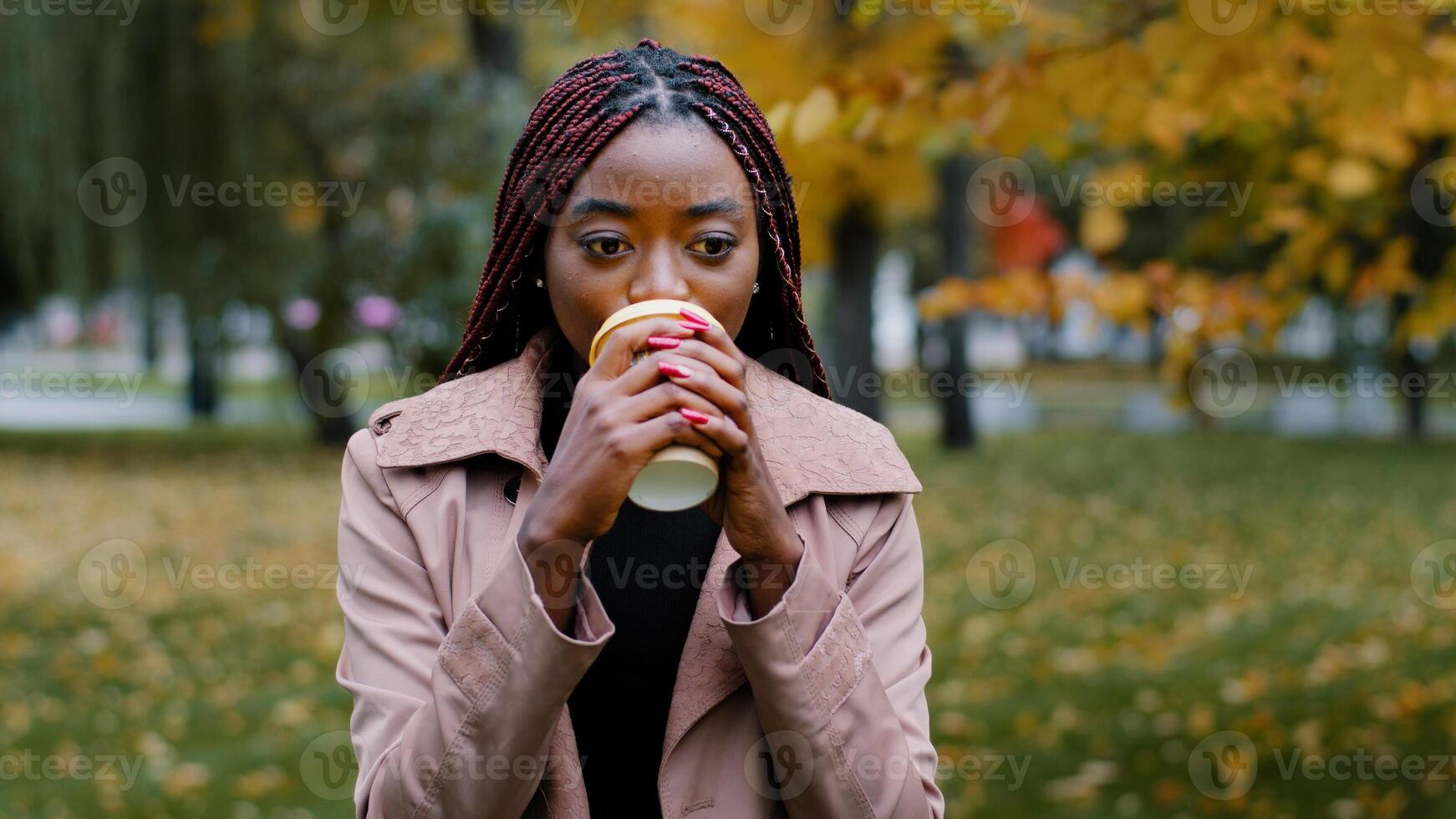 Close-up young happy carefree woman walking in autumn park holding drink in paper cup in hand attractive female model posing outdoors looking at camera smiling drinking coffee enjoying fragrant tea photo