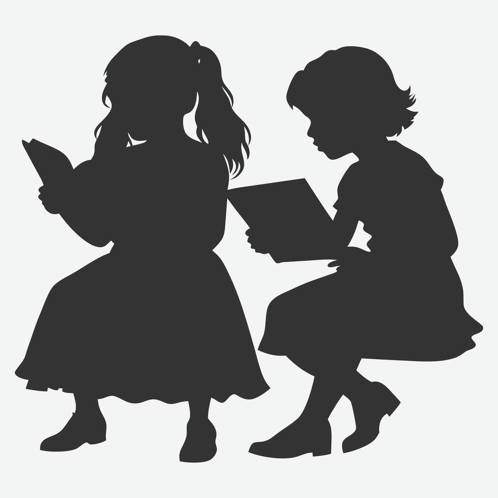 Silhouette of Two Girls Sitting Side by Side, Immersed in Books, Capturing the Joy of Reading Together vector
