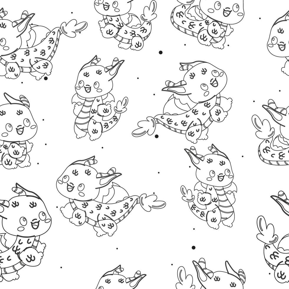 Seamless pattern black and white, outline Chinese new year character dragons vector