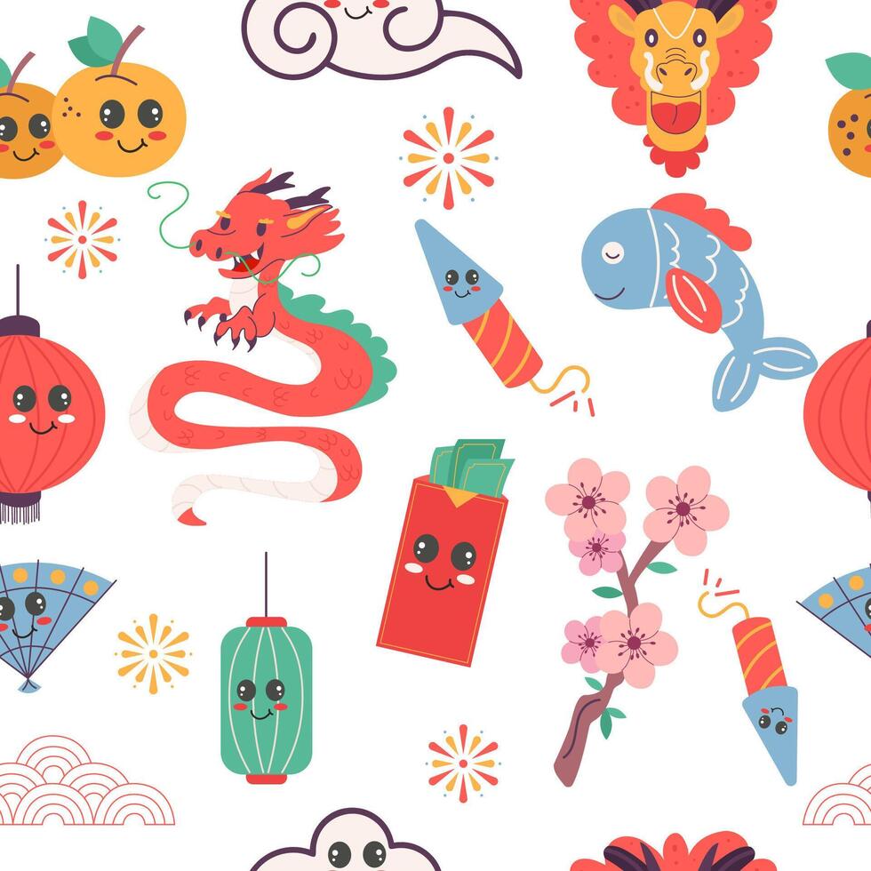 Seamless Seamless pattern kawaii Chinese new year elements flat style Chinese new year elements flat style vector