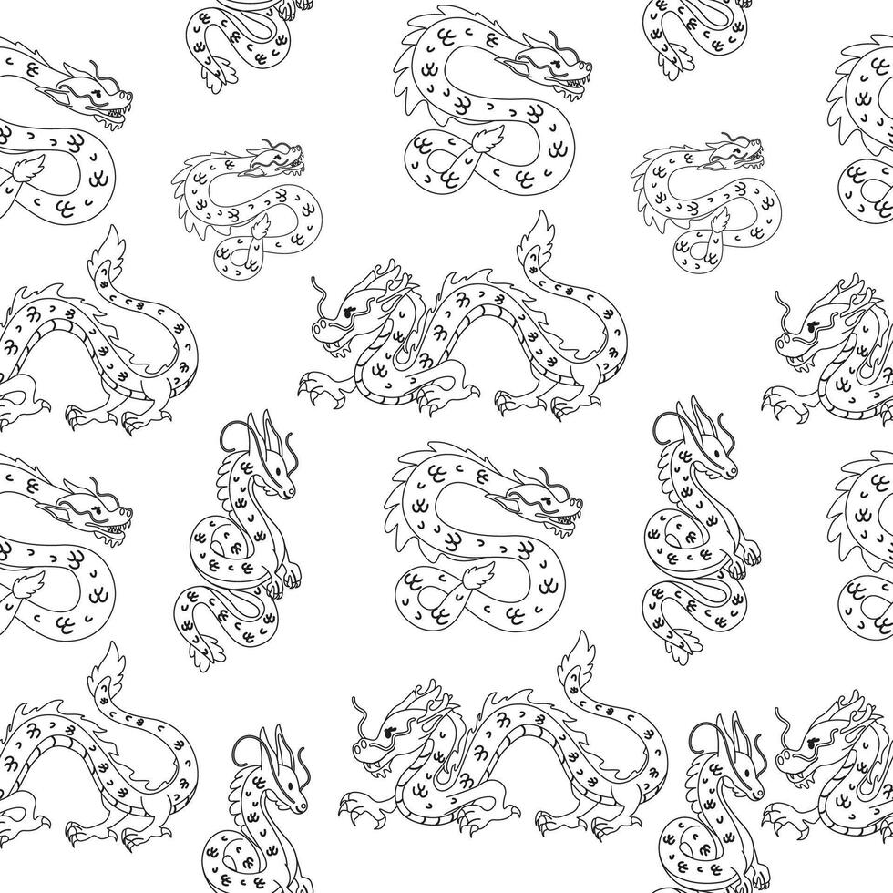 Seamless pattern black and white, outline Chinese new year with diferents dragons vector