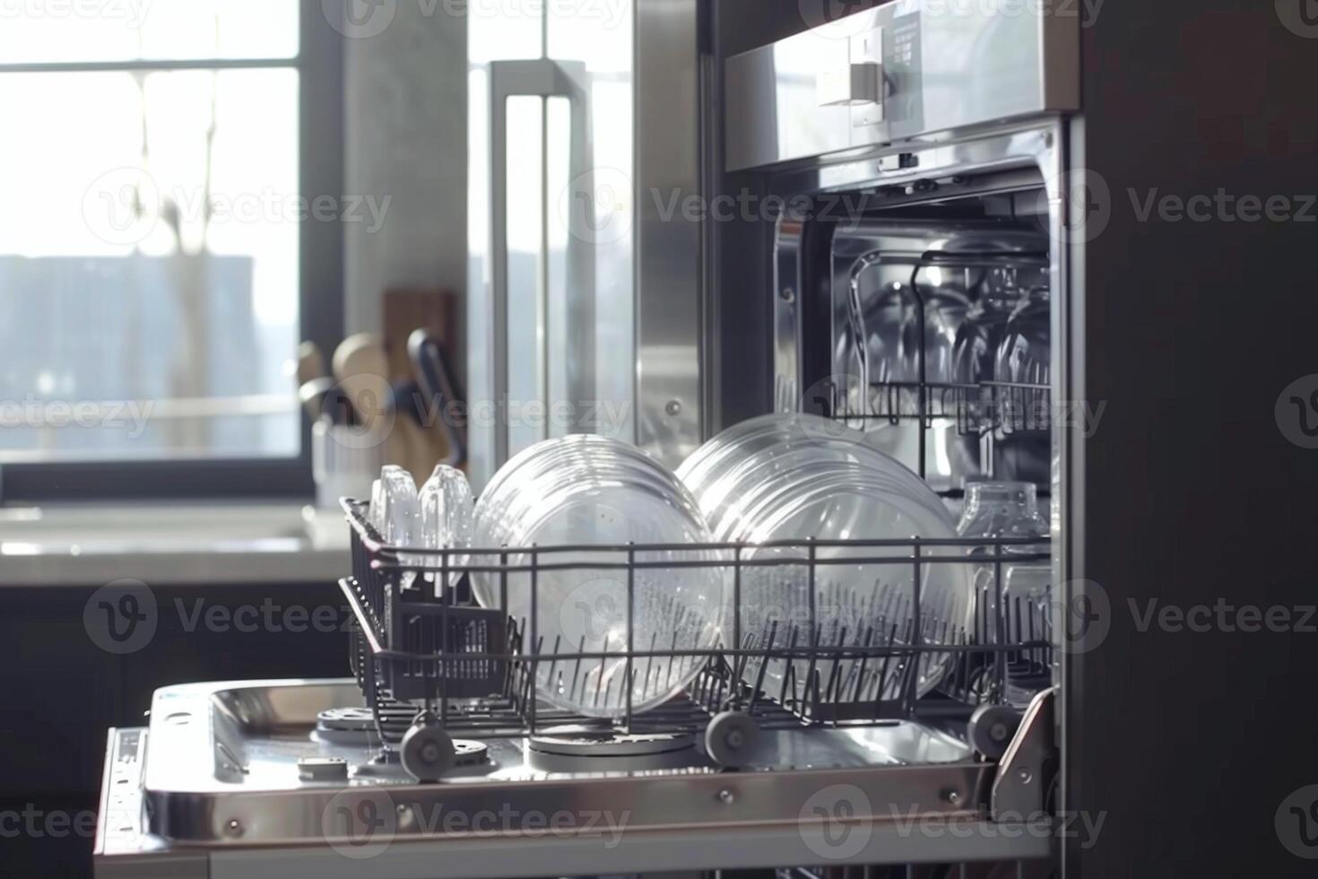 Modern dishwasher kitchen household dish washing machine professional restaurant cafe equipment consumer grade heavy load home routine clean plates cups appliances loading unloading water photo