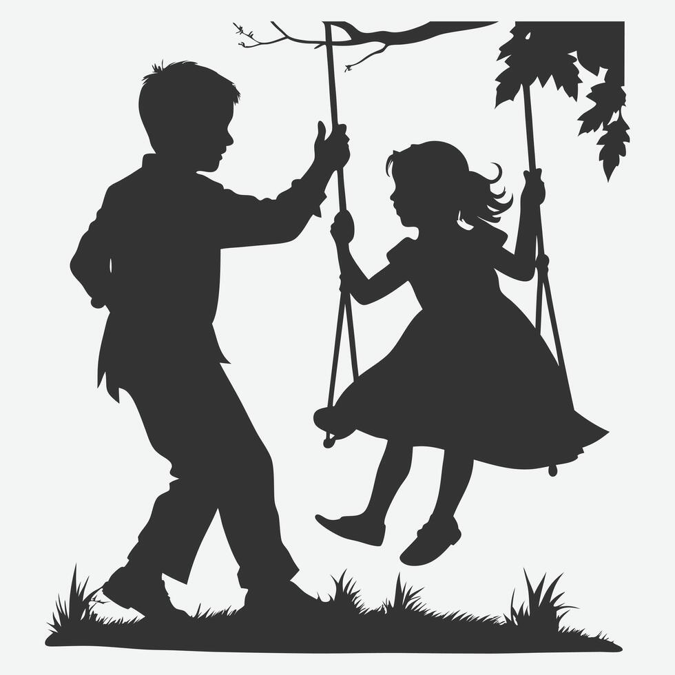 Joyful Playtime, Boy Swinging Girl Silhouettes of Kids Playing - High-Quality Silhouette vector