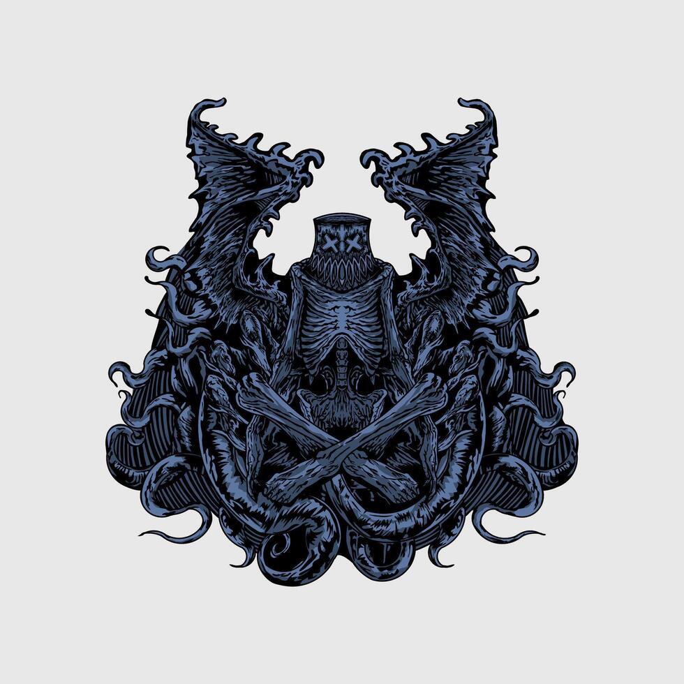 Heavy metal skull wings tattoo and tshirt design hand drawn illustration vector