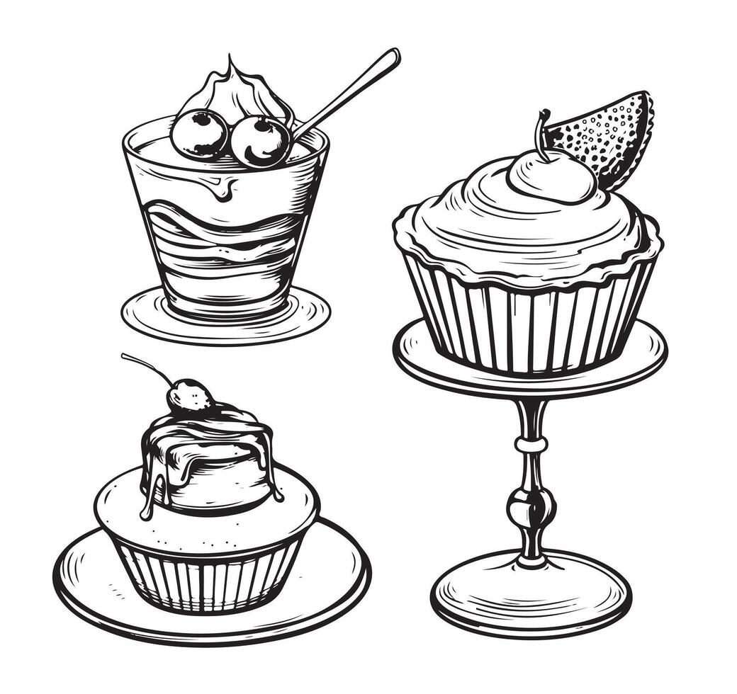 Sketch set of dessert. Pastry sweets collection isolated on white background. Hand drawn illustration. Retro style. vector