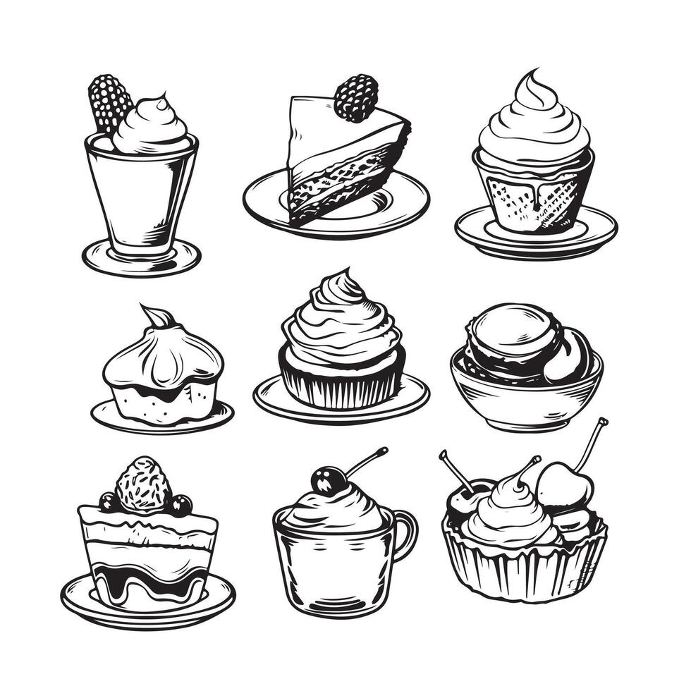 Sketch set of dessert. Pastry sweets collection isolated on white background. Hand drawn illustration. Retro style. vector