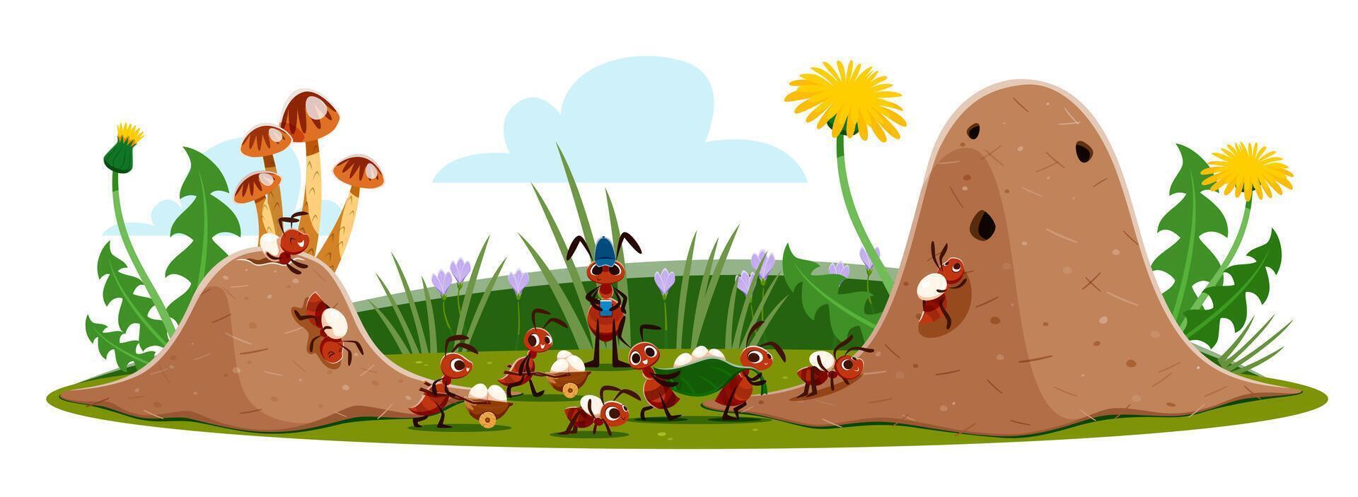 Cartoon ant colony character carry eggs to anthill vector