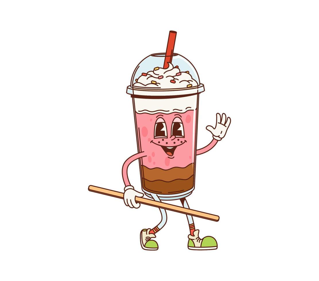Retro groovy chocolate strawberry milkshake vector