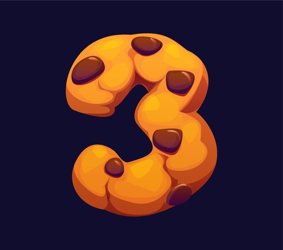 Cartoon number three cookie with chocolate chips vector