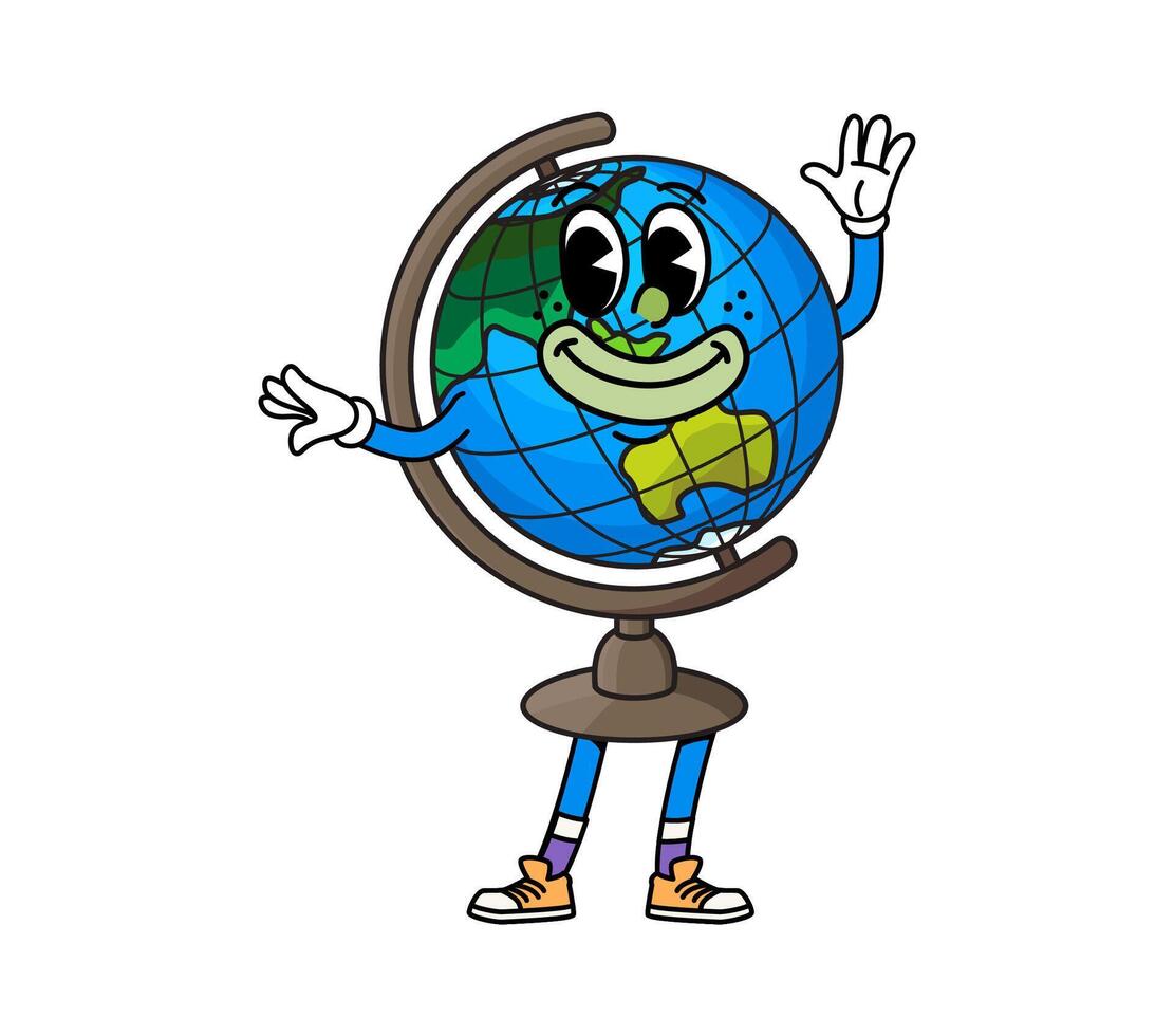 Cartoon groovy school globe character waving hand vector