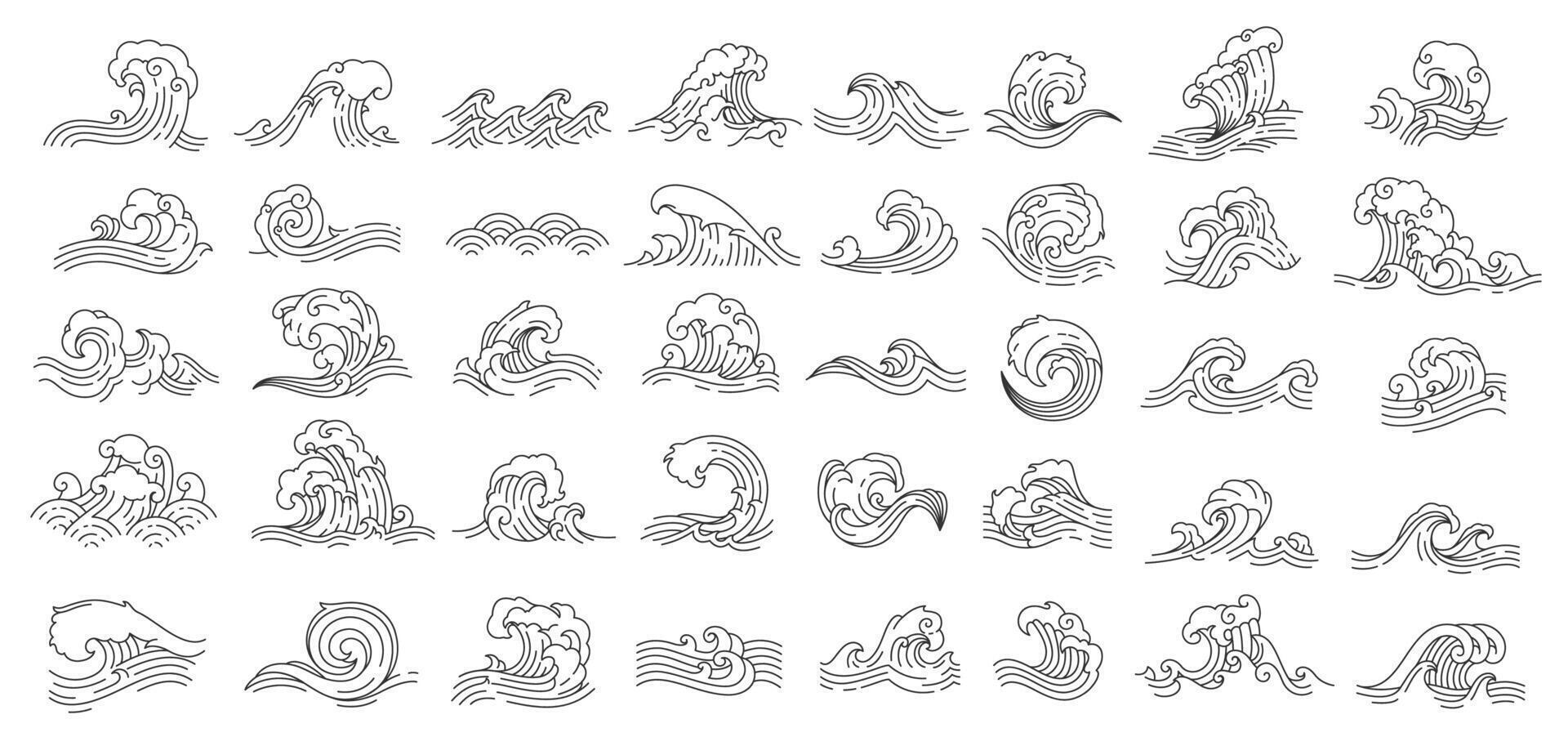 Asian Japanese or Chinese sea and ocean wave icons vector