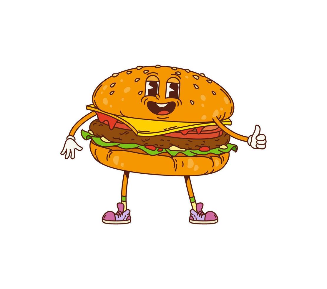 Burger groovy barbeque character with thumb up vector