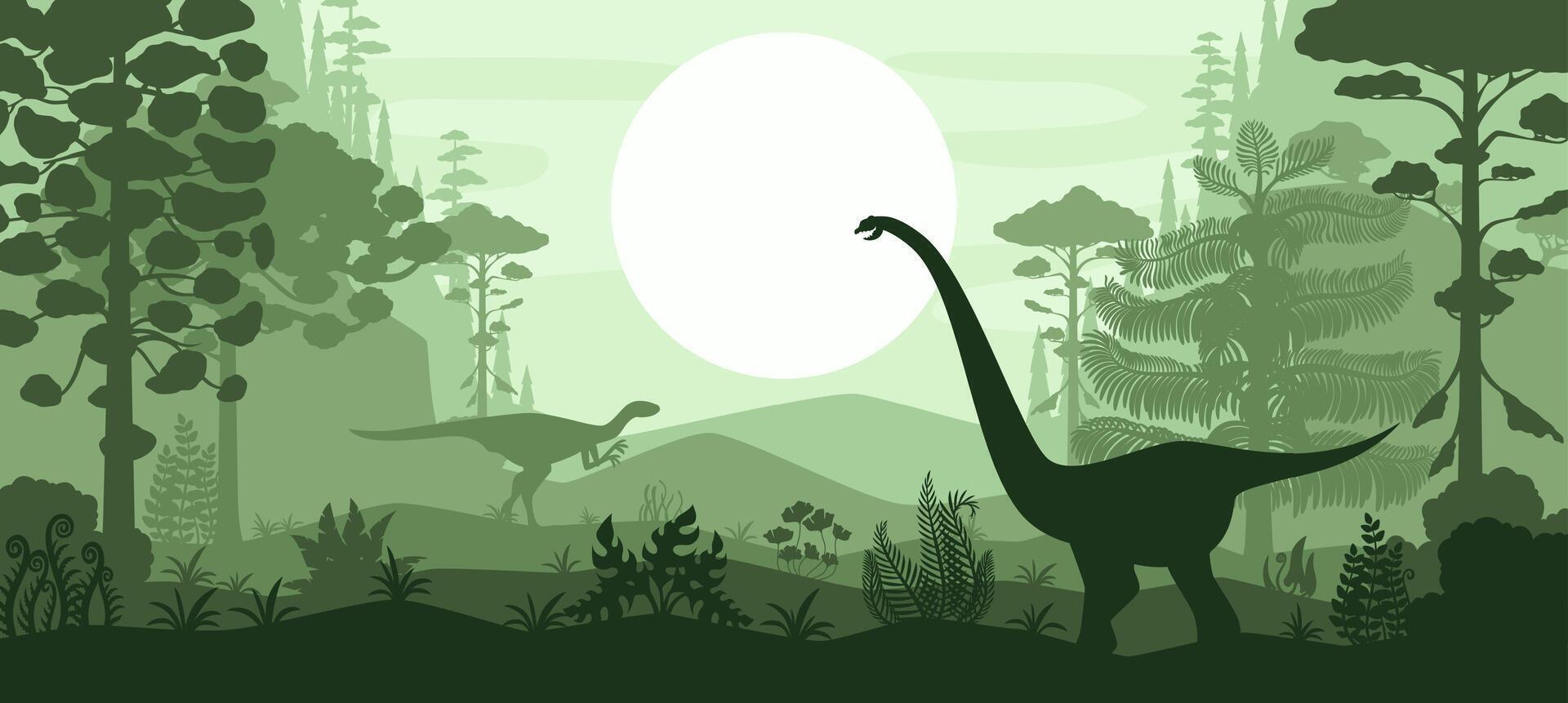 Prehistoric dinosaurs silhouettes at the forest vector