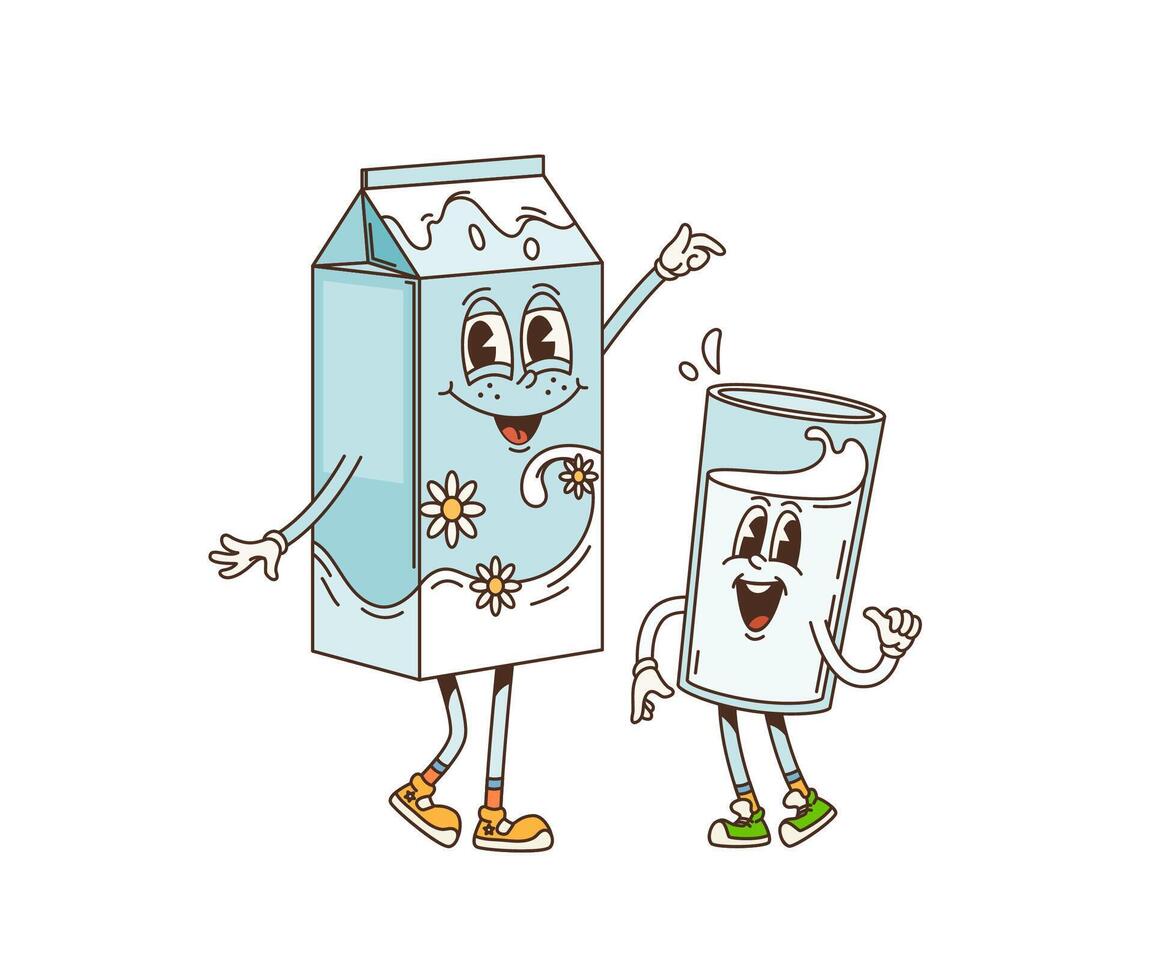Retro cartoon groovy breakfast milk characters vector