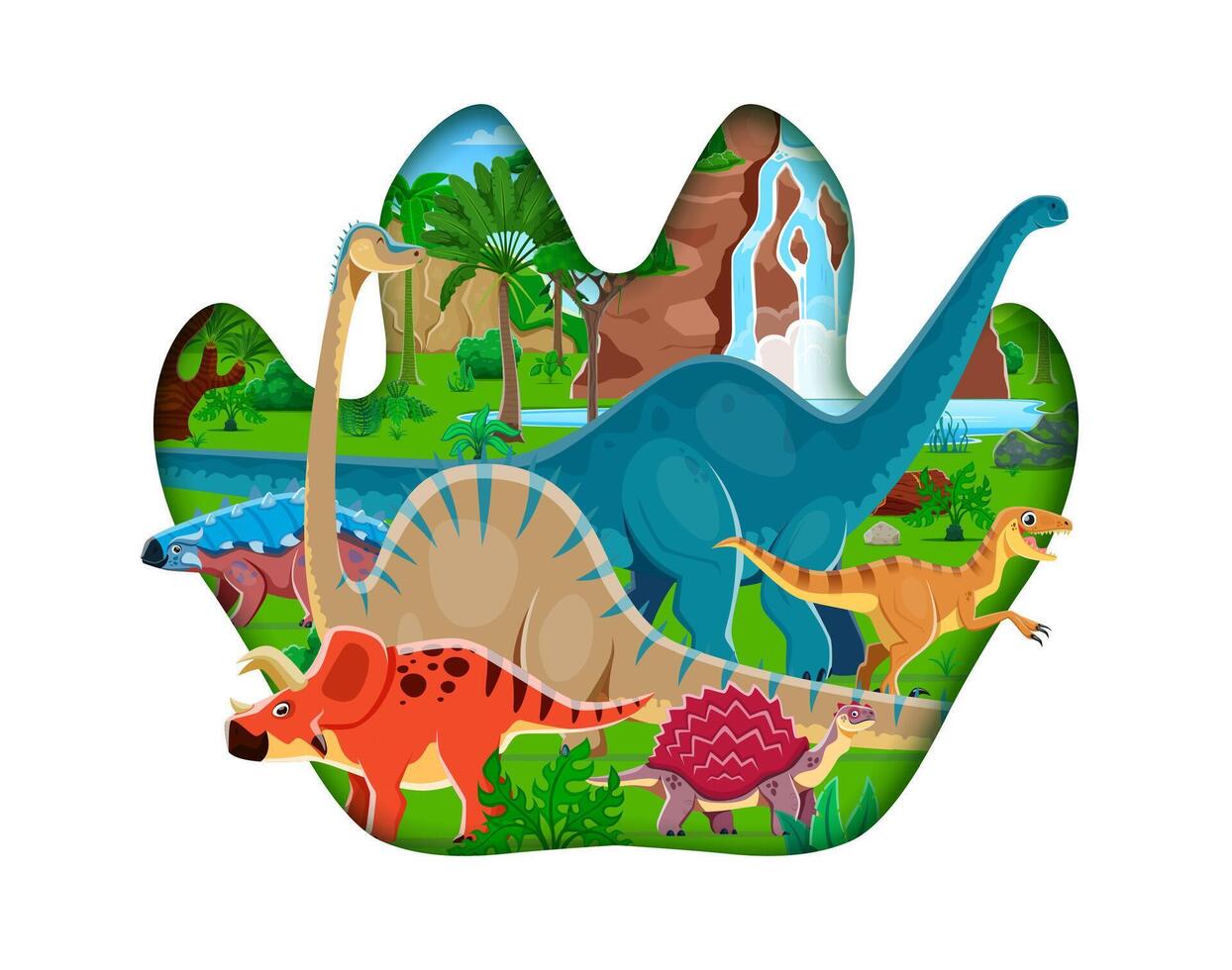 Prehistoric dinosaurs in paper cut dino footprint vector