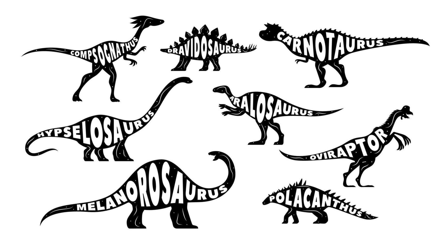 Dinosaurs silhouettes lettering, Jurassic lizards vector