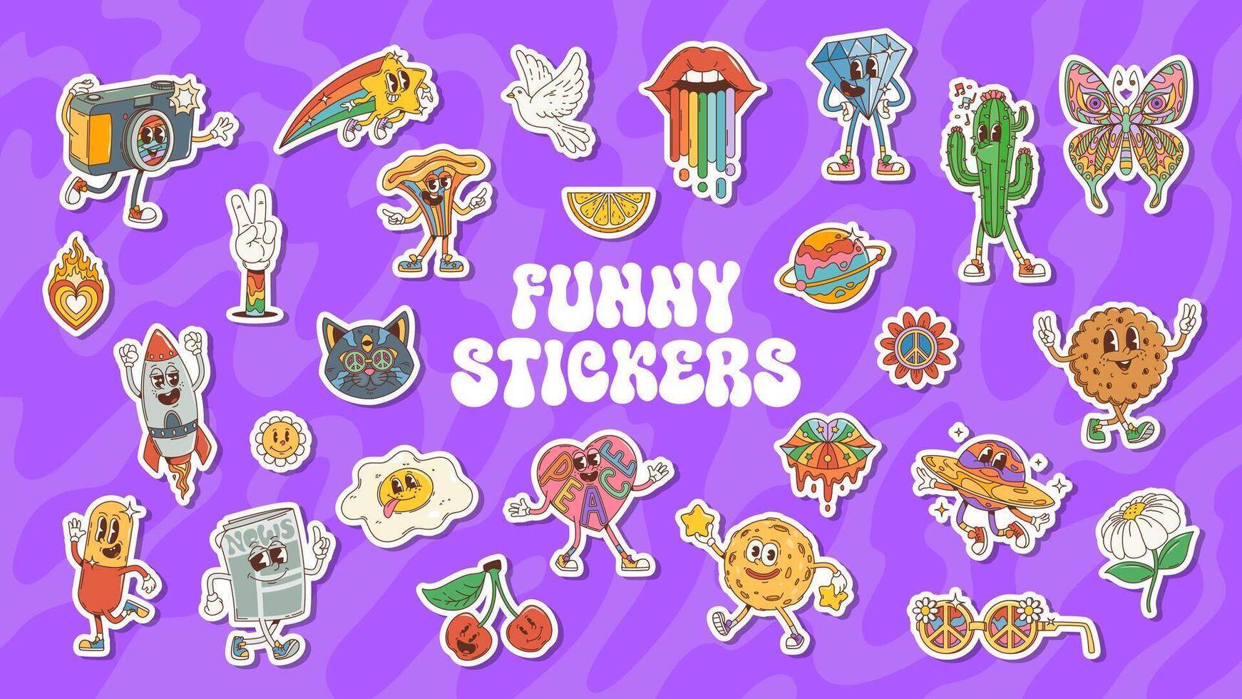 Retro funny groovy stickers cartoon set vector