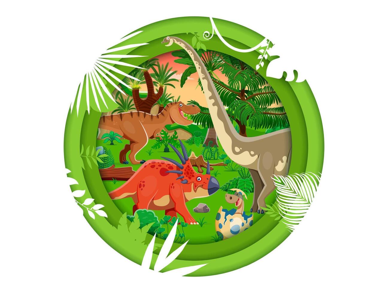 Paper cut with prehistoric dinosaurs landscape vector