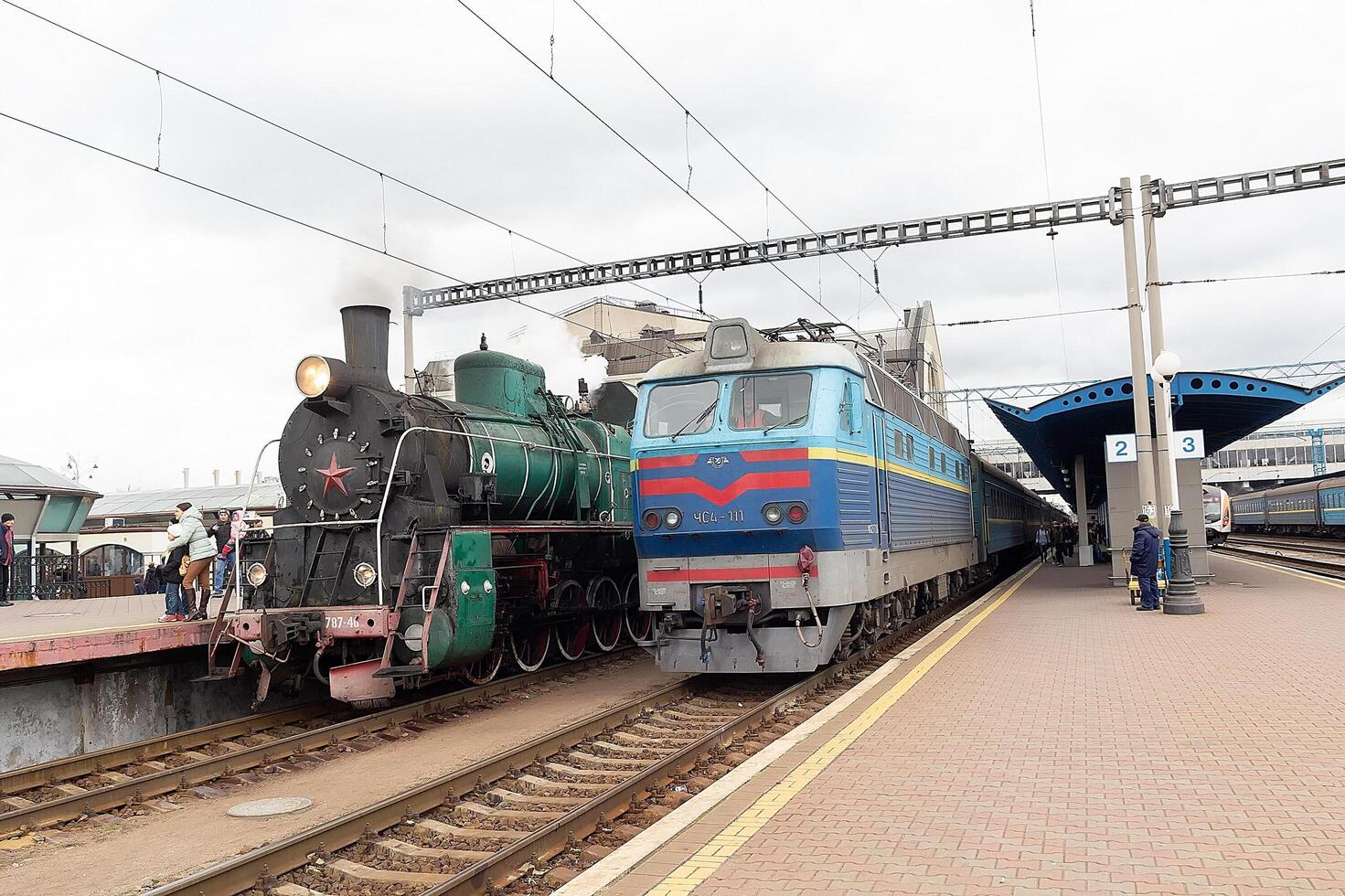 Retro trains at at the station in Kyiv photo