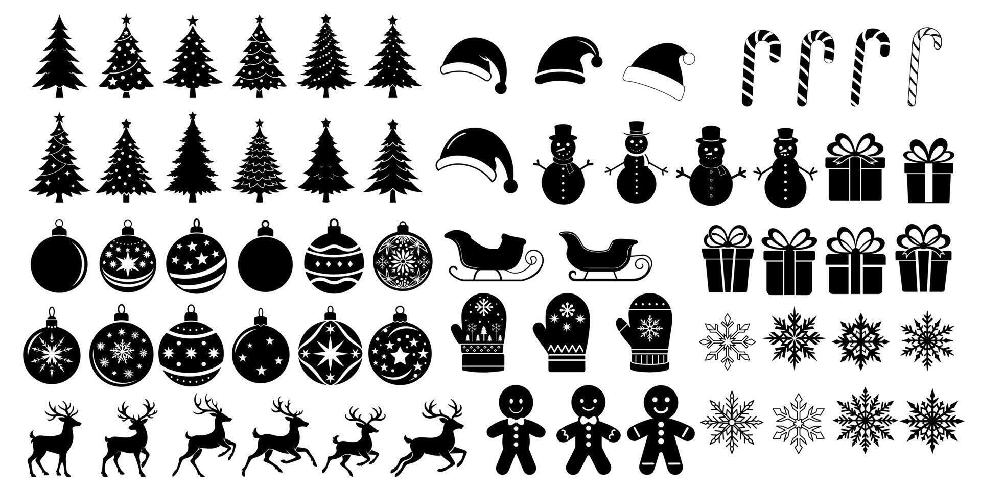 Big set of winter silhouette black, outline. Christmas tree, reindeer, ornaments, gingerbread, snowflake on white background. vector