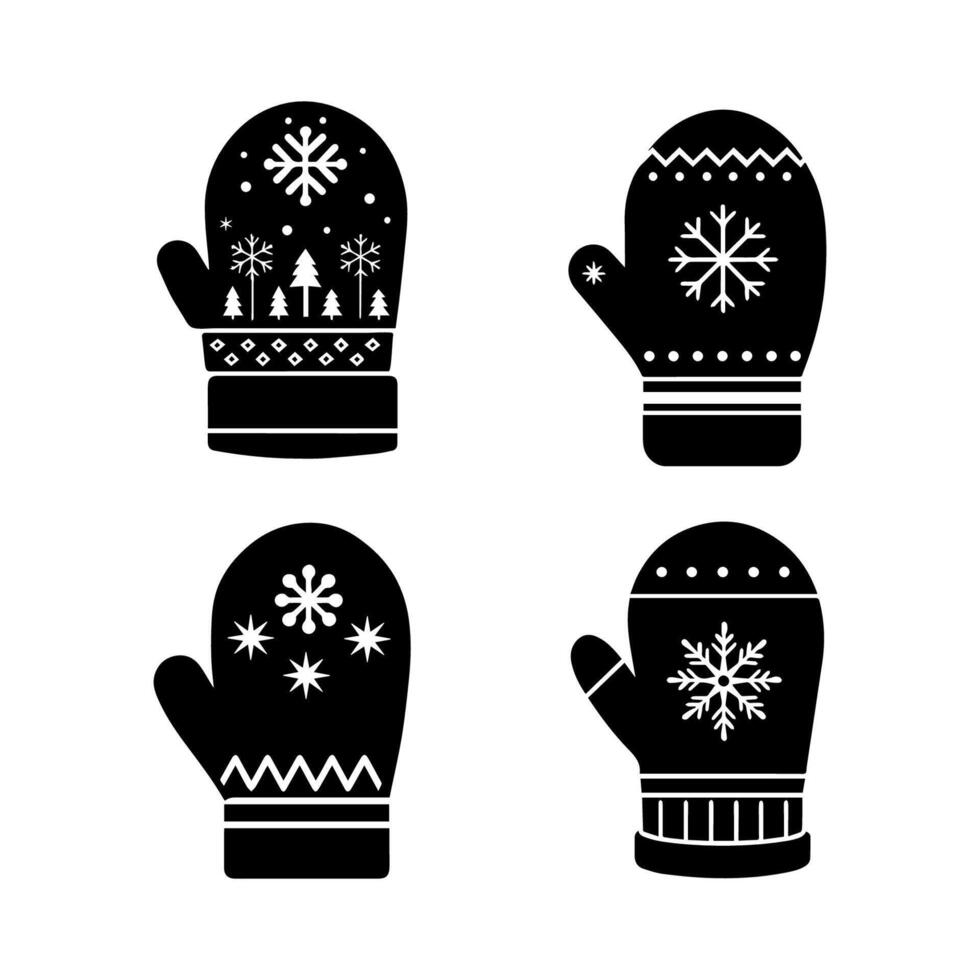 Set of mittens, gloves with snowflake pattern, outline, black silhouette. Isolated white background. vector