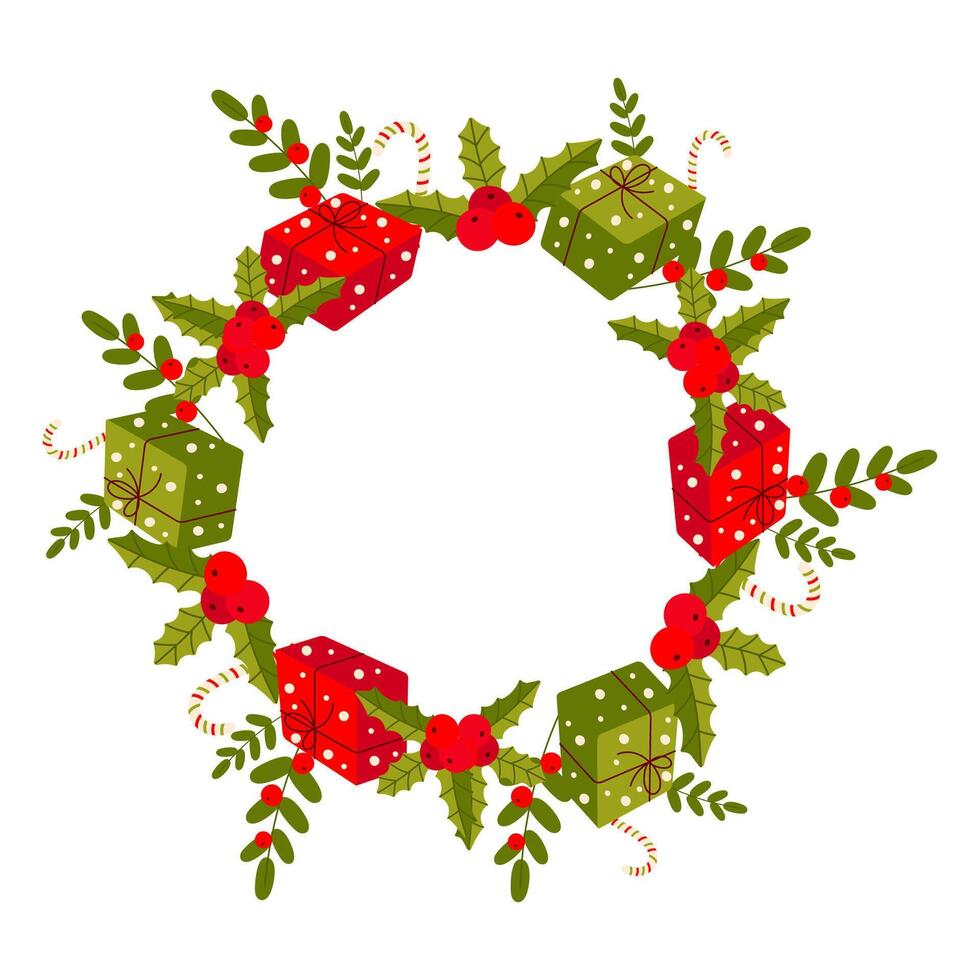 New Year frame, gift, candy, branch. On white isolated background. vector