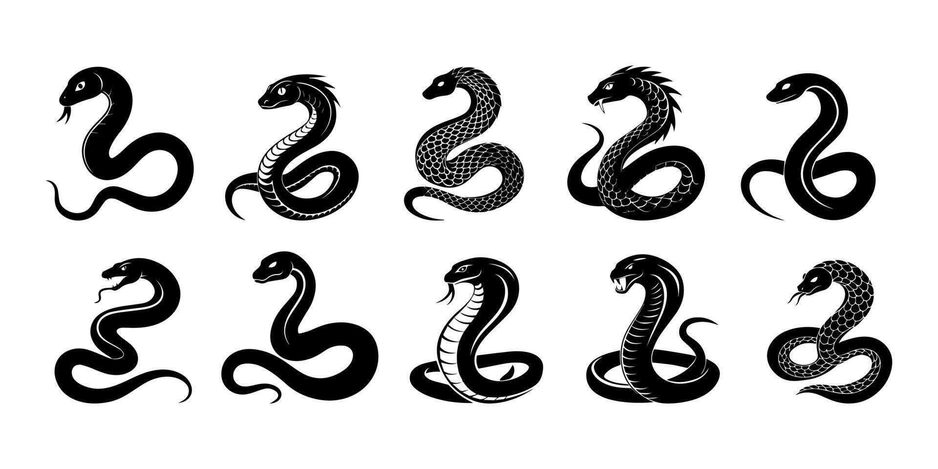 Big set, snake, symbol 2025 black silhouette. Isolated white background. vector