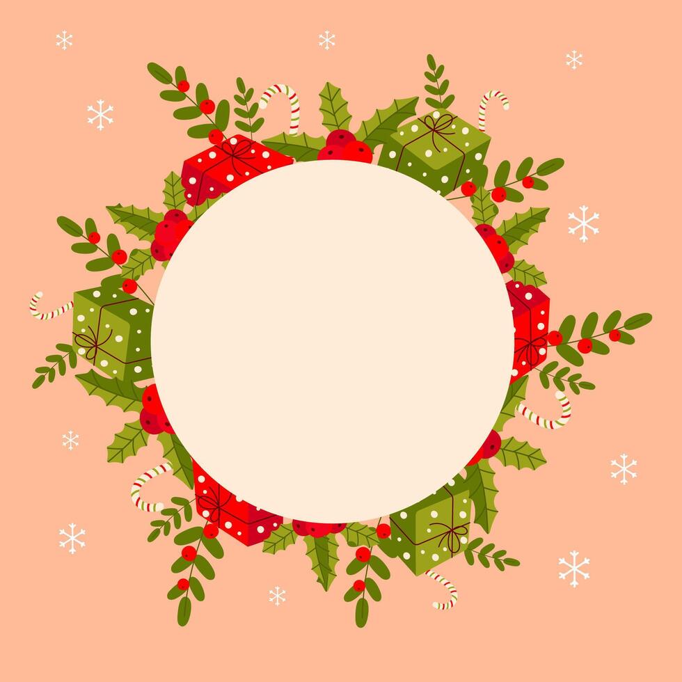 New Year frame, background for a postcard, announcements. gift, candy, branch. On white isolated background. vector