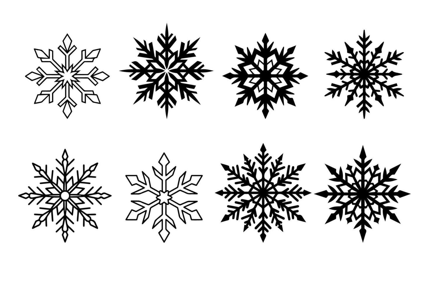 Set of winter silhouettes in black, outline. Different kinds of snowflakes. vector
