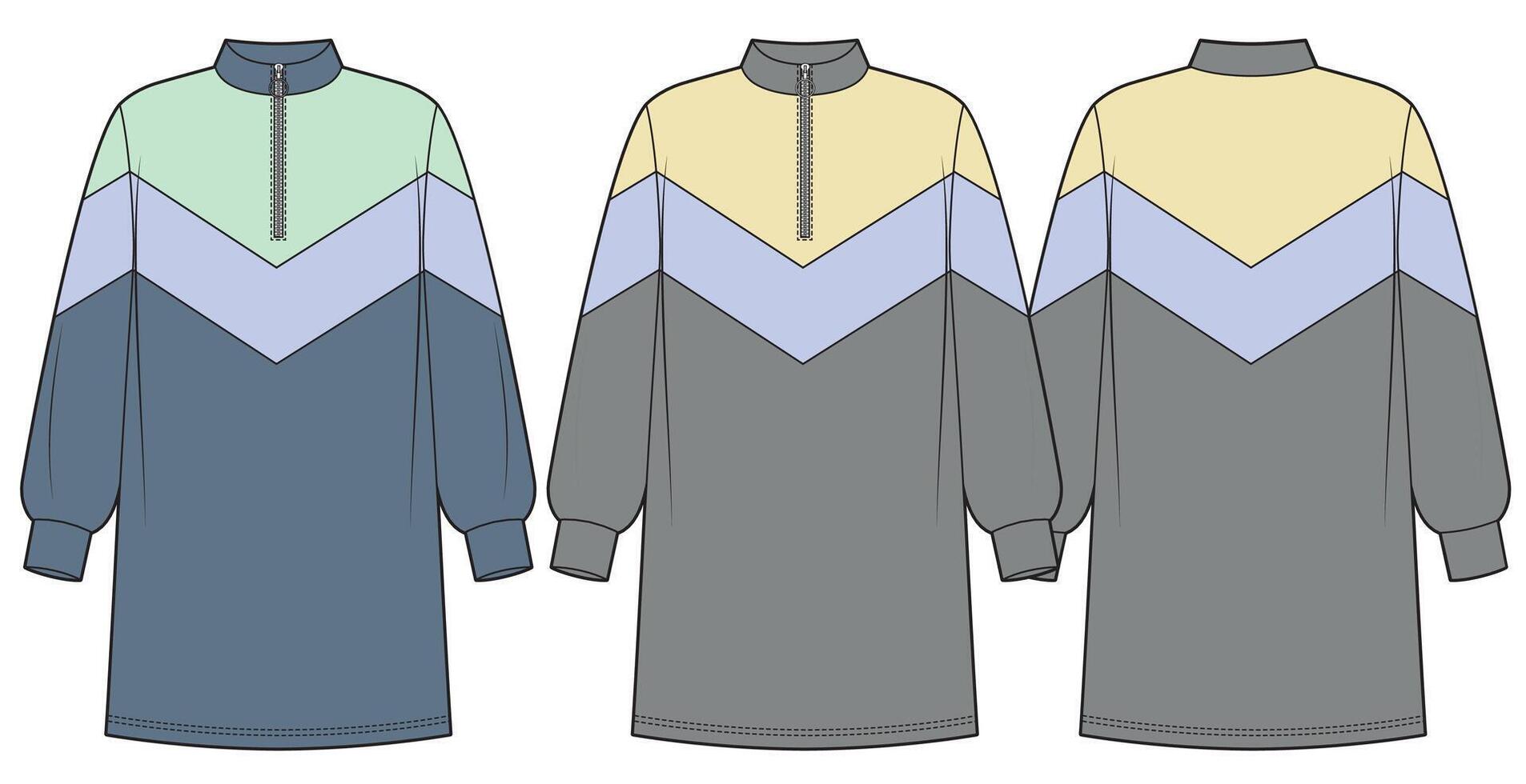 Sweatshirt dress with colored inserts, fashion sketch vector