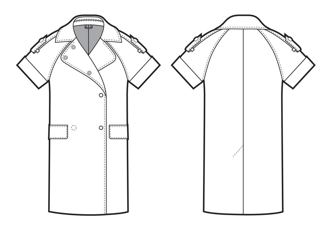 Women double-breasted coat. Front and back views vector