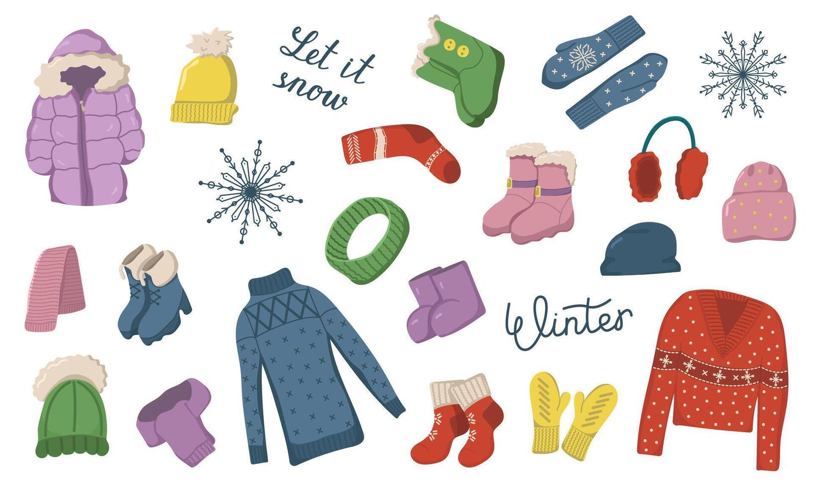 illustration of knitted clothes and snowflakes. Set of warm clothes for the cold season. Concept of a winter sale. vector