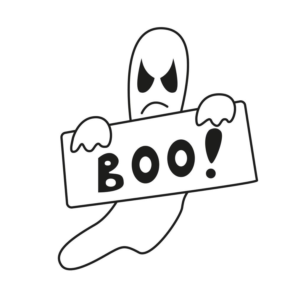 illustration of a ghost in a sheet with an inscription. Halloween card. vector