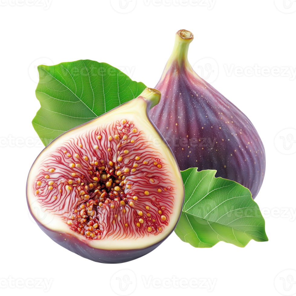 Fresh figs displayed with green leaves, showcasing their vibrant purple exterior and juicy interior, perfect for health and culinary themes. png