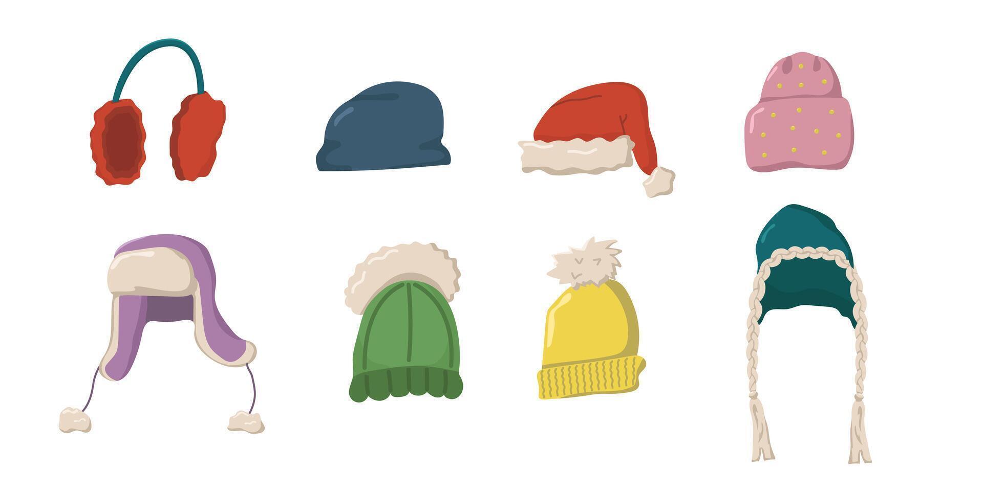 illustration of different knitted hats. Set of icons in the form of warm hats. Concept of cozy winter fashion. vector